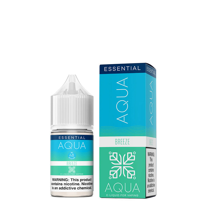 A 30ml bottle of BREEZE AQUA Synthetic Salts with a warning sign and a box next to it - Vaper Corner