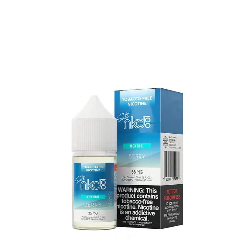 A 30ml bottle of Berry Naked Synthetic Salt and a box with a warning sign next to it - Vaper Corner