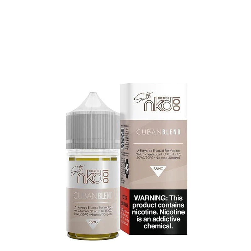 A 30ml bottle of Cuban Blend Naked 100 Salt eLiquid and a box with a warning sign next to it - Vaper Corner