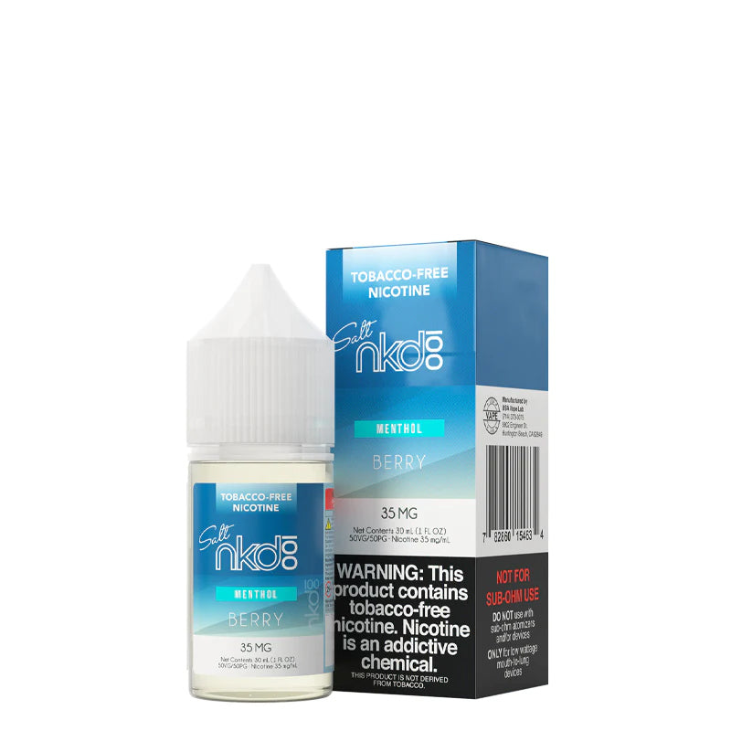 A 30ml bottle of ICE Berries Naked MAX TFN Salt and a box with a warning sign next to it - Vaper Corner