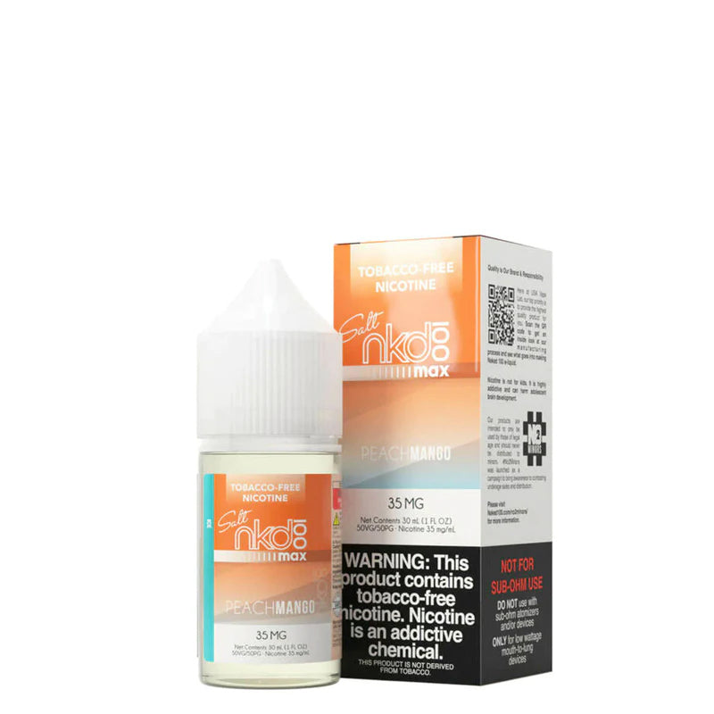 A 30ml bottle of ICE Peach Mango Naked MAX TFN Salt and a box with a warning sign next to it - Vaper Corner