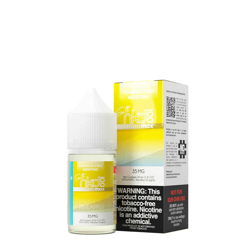A 30ml bottle of ICE Pineapple Naked MAX TFN Salt and a box with a warning sign next to it - Vaper Corner