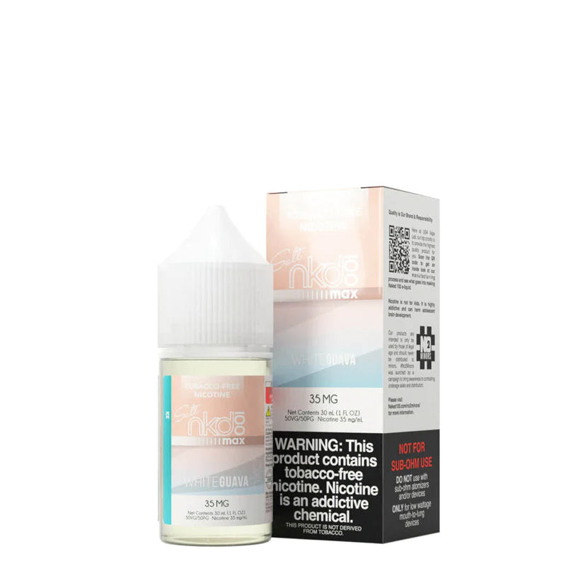 A 30ml bottle of ICE White Guava Naked MAX TFN Salt and a box with a warning sign next to it - Vaper Corner