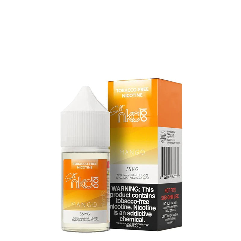 A 30ml bottle of Mango Naked Synthetic Salt and a box with a warning sign next to it - Vaper Corner
