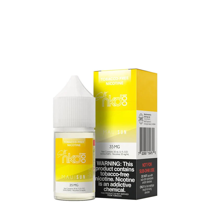 A 30ml bottle of Maui Sun Naked Synthetic Salt and a box with a warning sign next to it - Vaper Corner