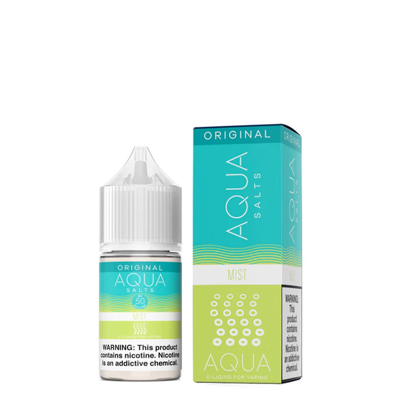 A 30ml bottle of MIST AQUA Synthetic Salts with a warning sign and a box next to it - Vaper Corner