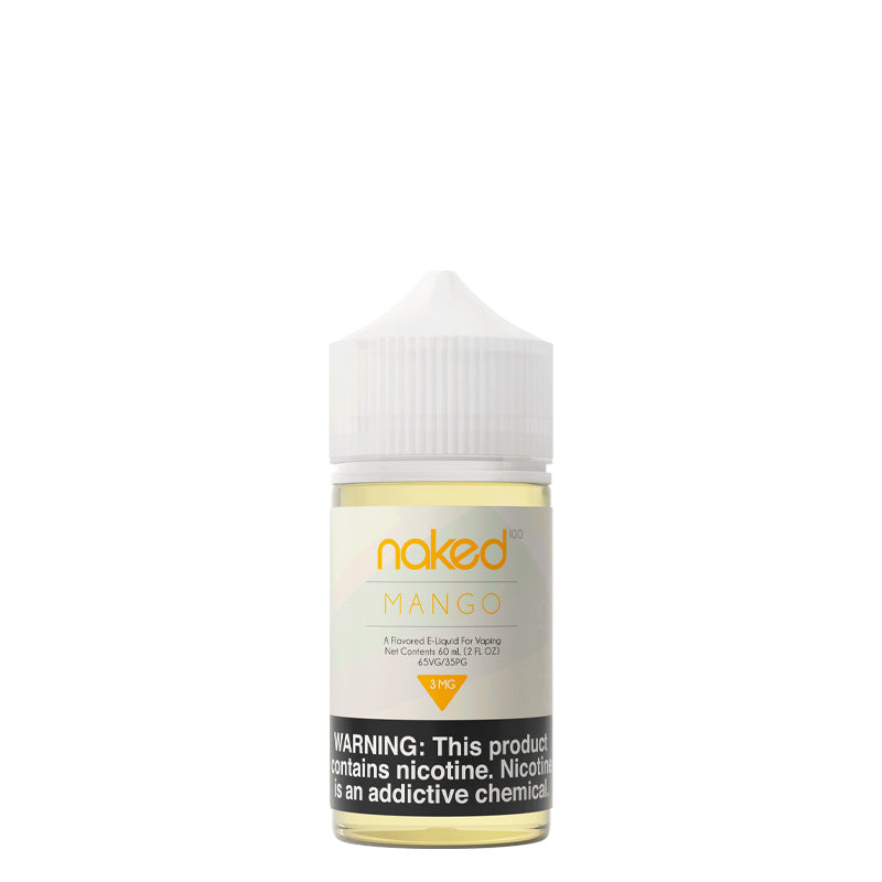 A 60ml bottle of Naked 100 Mango eLiquid with a warning sign - Vaper Corner