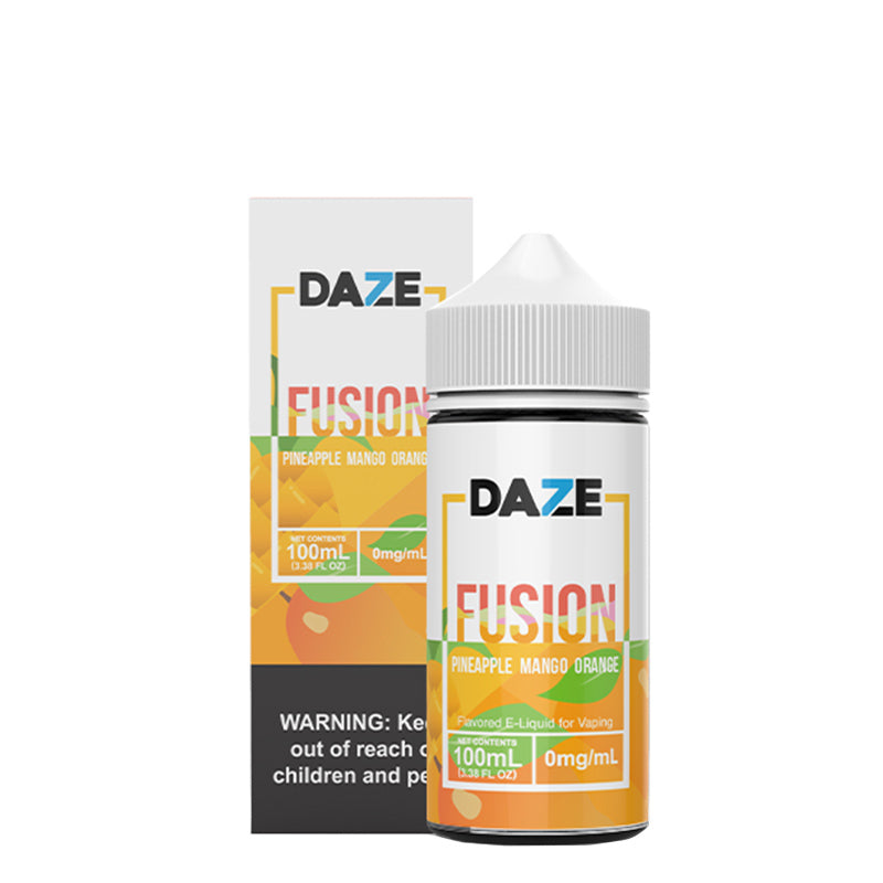 A box of Pineapple Mango Orange 7 Daze Fusion with a warning sign and a 100ml bottle next to it - Vaper Corner