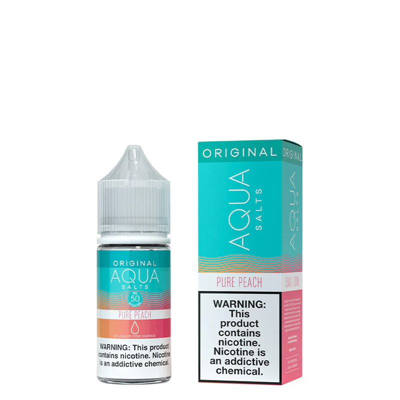 A 30ml bottle of Pure Peach AQUA Synthetic Salts with a warning sign and a box next to it - Vaper Corner