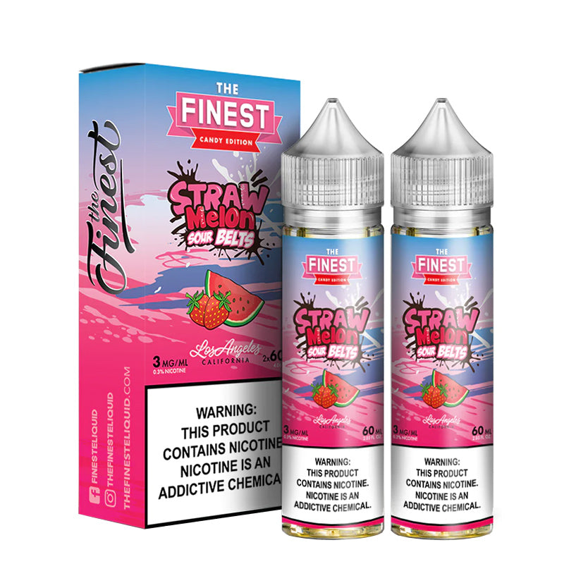 A box of Straw Melon Sour Belts Finest Sweet & Sour eLiquid with a warning sign and two 60ml bottles next to it - Vaper Corner