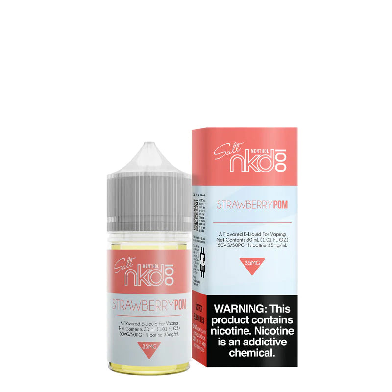 A 30ml bottle of Strawberry Pom Naked 100 Salt eLiquid and a box with a warning sign next to it - Vaper Corner