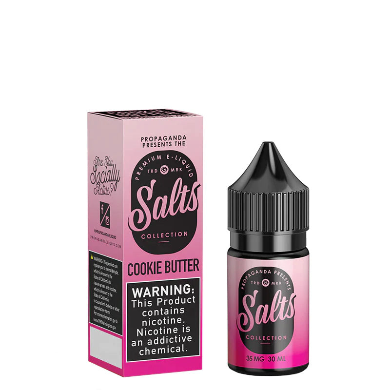 A box of Cookie Butter Propaganda Salts with a warning sign and a 30ml bottle next to it - Vaper Corner