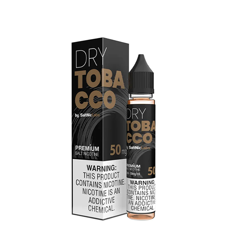A box of Dry Tobacco VGOD SaltNic with a warning sign and a 30ml bottle next to it - Vaper Corner