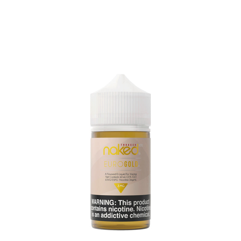 A 60ml bottle of Euro Gold Naked 100 Tobacco with a warning sign - Vaper Corner