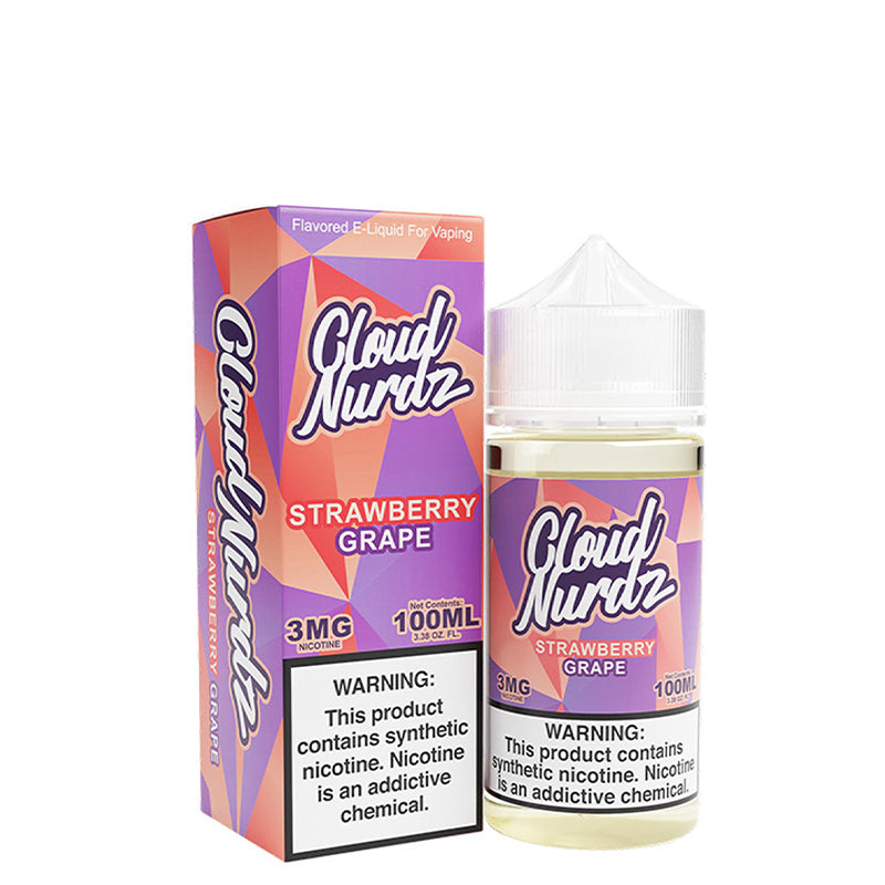 A box of Grape Strawberry TFN Cloud Nurdz with a warning sign and a 100ml bottle next to it - Vaper Corner