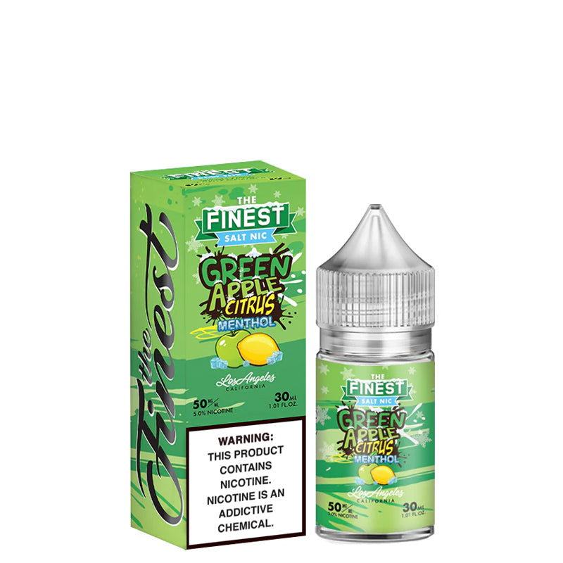 A box of Green Apple Citrus Menthol Finest SaltNic Series with a warning sign and a 30ml bottle next to it - Vaper Corner
