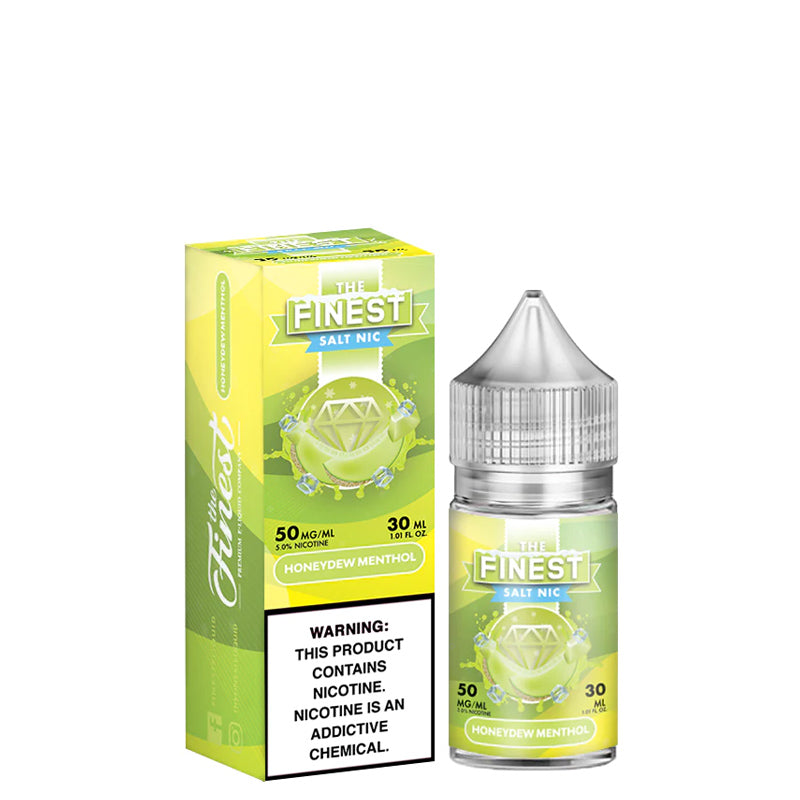 A box of Honeydew Menthol Finest SaltNic Series with a warning sign and a 30ml bottle next to it - Vaper Corner