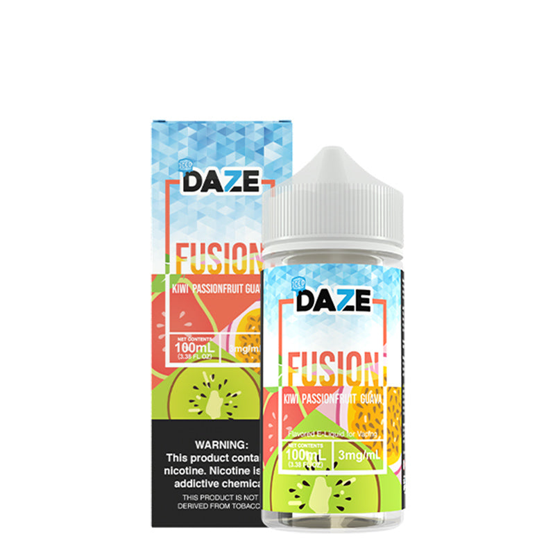A box of ICED Kiwi Passionfruit Guava 7 Daze Fusion with a warning sign and a 100ml bottle next to it - Vaper Corner