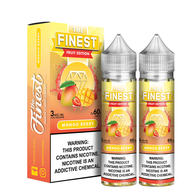 A box of Mango Berry Finest Fruit Edition with a warning sign and two 60ml bottles next to it - Vaper Corner