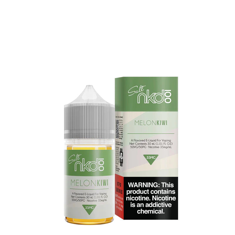 A 30ml bottle of Melon Kiwi Naked 100 Salt eLiquid and a box with a warning sign next to it  - Vaper Corner