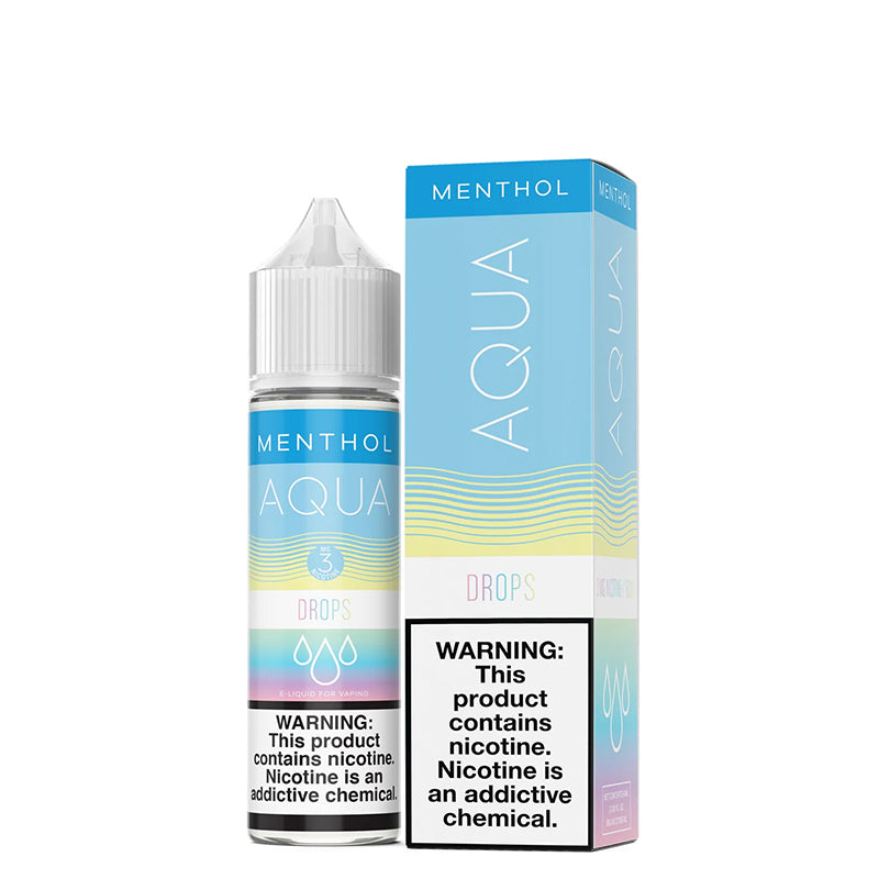 A 60ml bottle of Menthol DROPS AQUA eLiquid with a warning sign and a box next to it - Vaper Corner