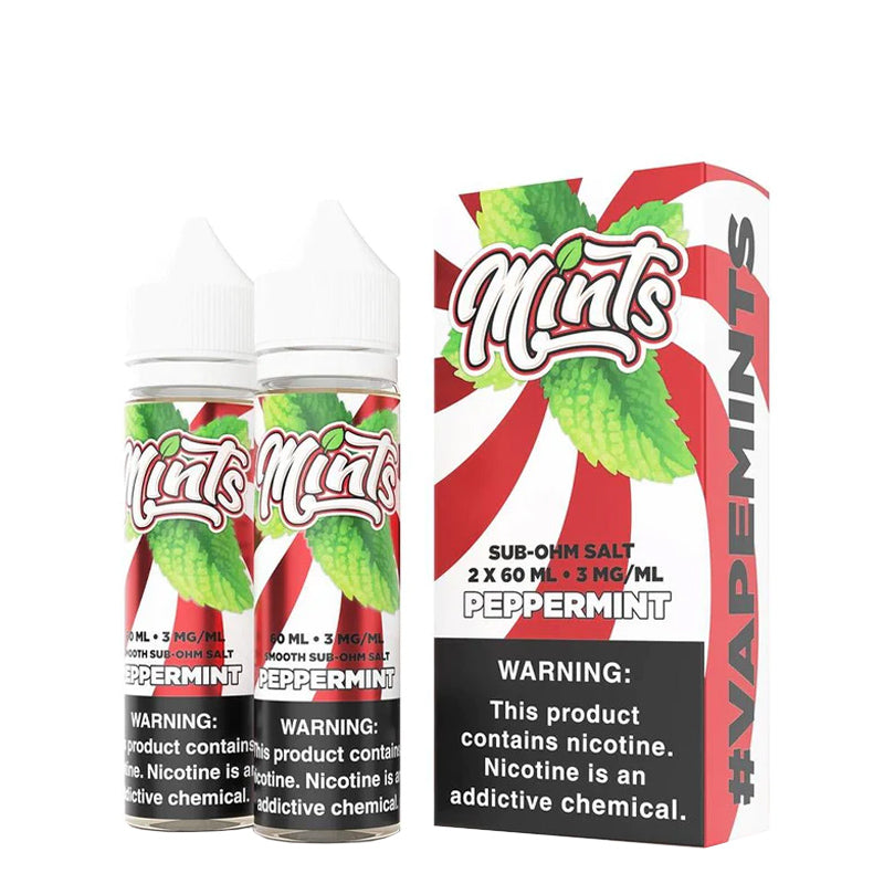 Two 60ml bottles of Mints e-Liquid Peppermint with a warning sign and a box next to it - Vaper Corner