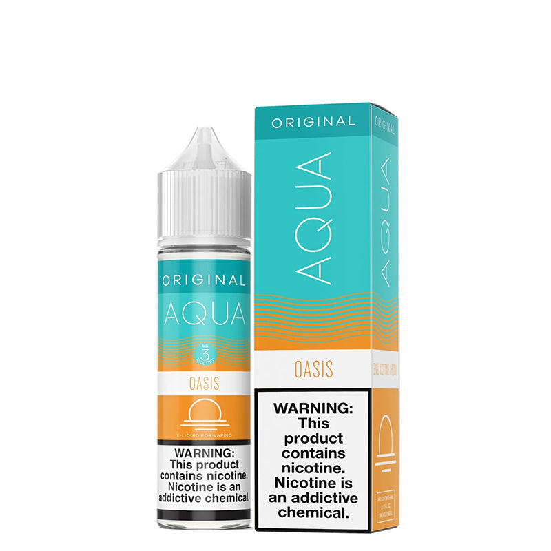 A 60ml bottle of OASIS AQUA Original eLiquid with a warning sign and a box next to it - Vaper Corner