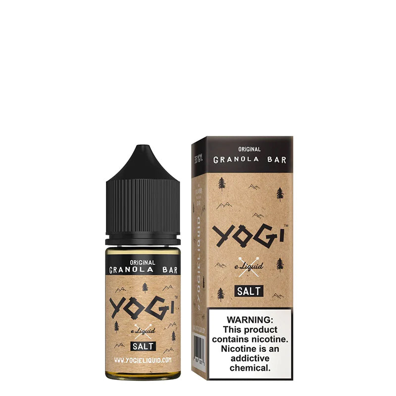 A 30ml bottle of Original Granola Bar YOGI Salts and a box with a warning sign next to it - Vaper Corner