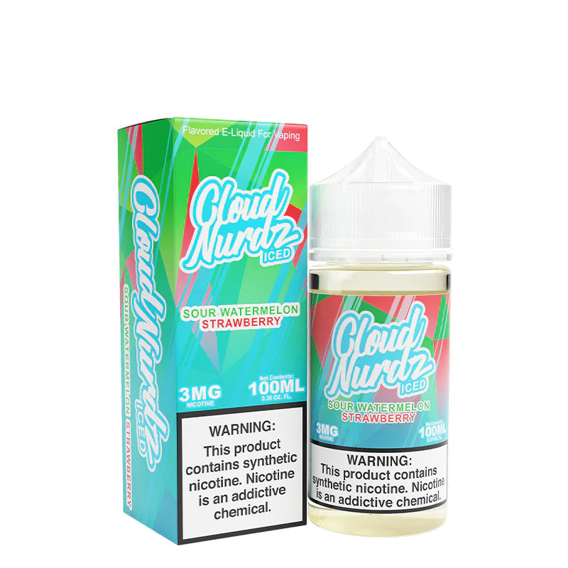 A box of Sour Watermelon Strawberry Iced TFN Cloud Nurdz with a warning sign and a 100ml bottle next to it - Vaper Corner