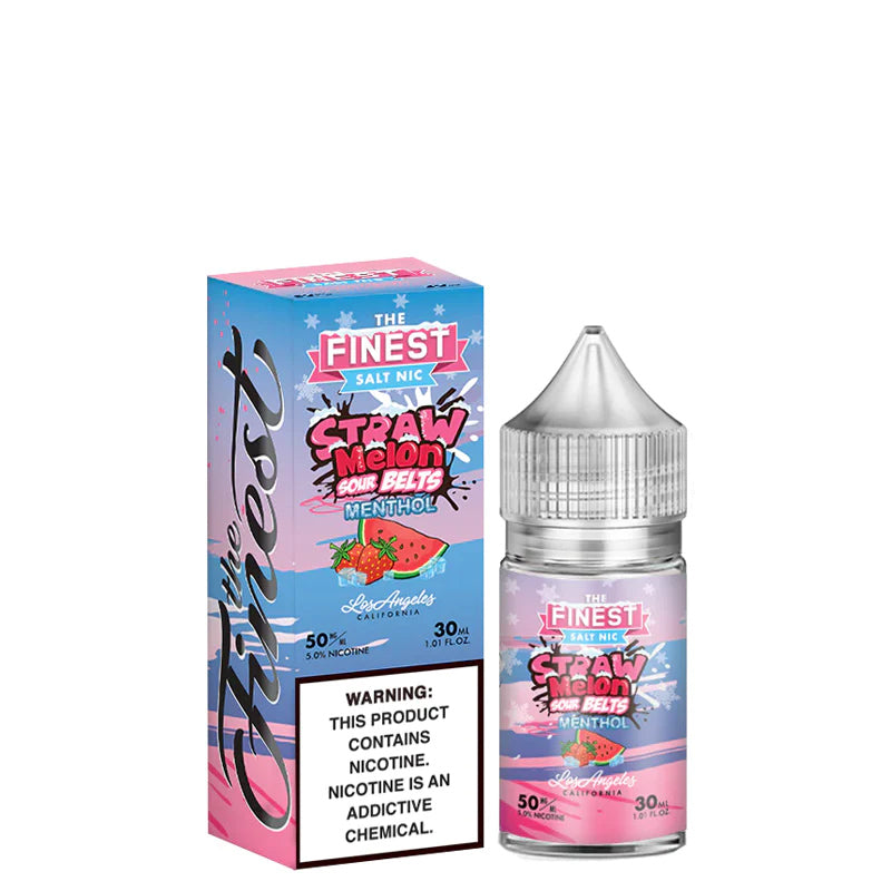 A box of Straw Melon Sour Menthol Finest SaltNic Series with a warning sign and a 30ml bottle next to it - Vaper Corner